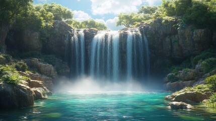Fototapeta premium Serene waterfall cascading into a tranquil turquoise pool, surrounded by lush greenery under a sunny sky.