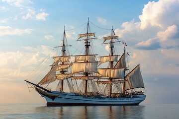 A majestic sailing ship anchored in calm waters.
