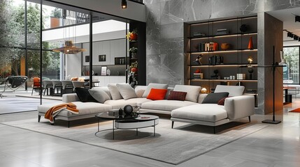 Modern Luxury Living Room with Sectional Sofa, Built-in Shelving, and Large Windows