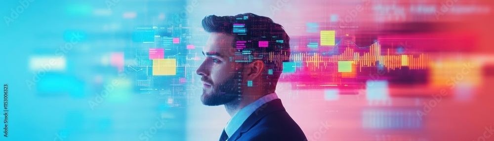 Poster businessman surrounded by floating graphs and financial charts illustrating great investment opportu