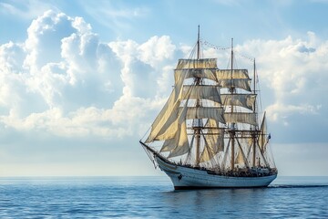 A majestic sailing ship glides through calm waters.