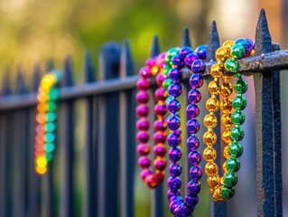 Vibrant Mardi Gras Beads Draped on an Ornate Iron Fence Post, Festive Celebration Atmosphere