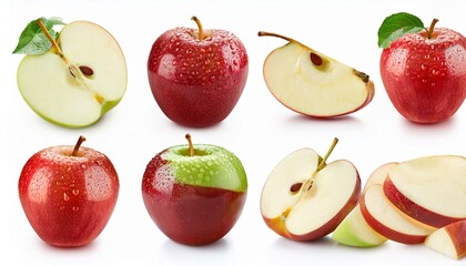 Naklejka premium A collection of apples with water droplets and sliced pieces, isolated on a white background. Includes clipping path.