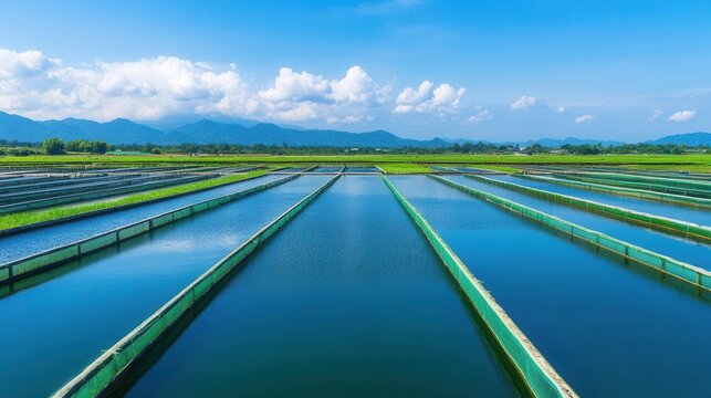 A stunning aerial view of aquaculture ponds surrounded by lush greenery and mountains under a clear blue sky.