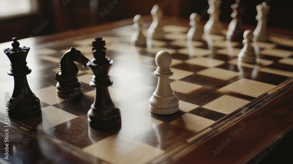 Poster A pristine chess board with elegantly crafted chess pieces neatly arranged, A well-lit room with an inviting wooden table, Minimalist strategic style