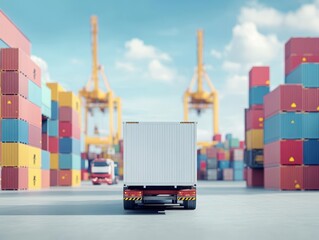 Cargo truck unloading pallets in a bustling port setting, cranes and shipping containers in the background, global trade and logistics concept