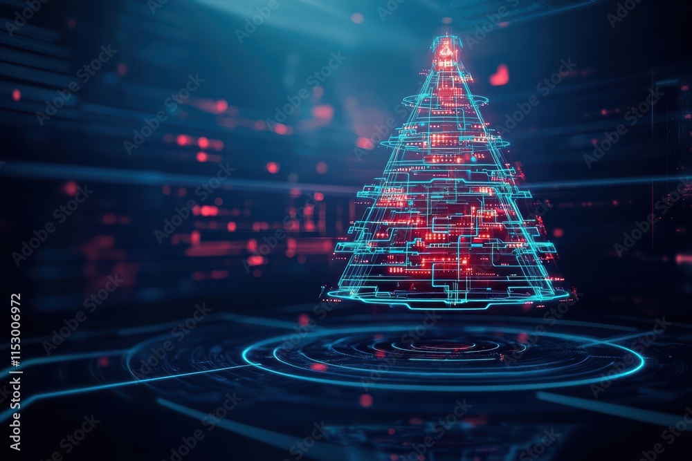 Poster Christmas tree created from glowing lines, luminous digital circuits, and abstract tech ornaments, set in a futuristic holographic setting