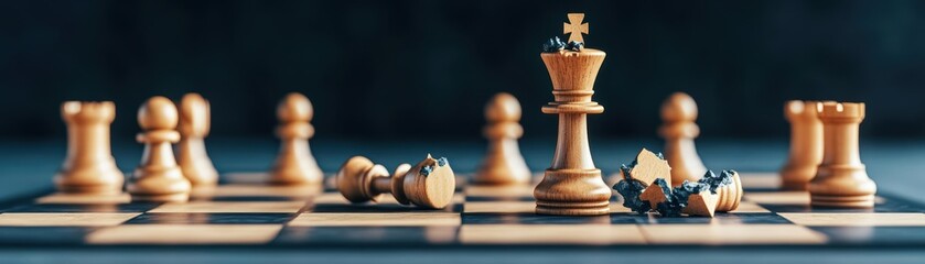 Chessboard with crumbled pieces symbolizing financial strategies under crisis, dark tones, 3D render