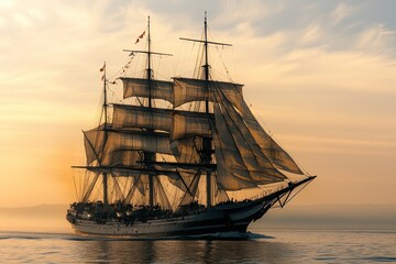 A majestic sailing ship gliding through calm waters at sunset.