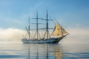 A majestic sailing ship gliding through misty waters.
