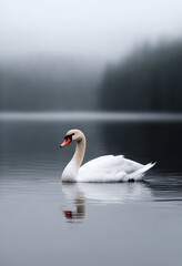 Fototapeta premium Serene Mute Swan on Calm Lake, Misty Morning