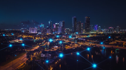 Fototapeta premium Smart digital city with connection cyber security network reciprocity over the cityscape . future smart wireless digital city and social media networking systems that connects people within the city
