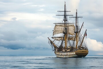 A majestic sailing ship navigating calm waters.