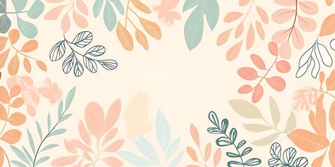 Fototapeta premium Pastel floral frame background with leaves and branches.
