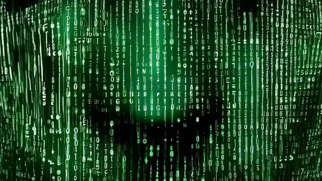 Mysterious face emerging through cascading green binary code matrix
