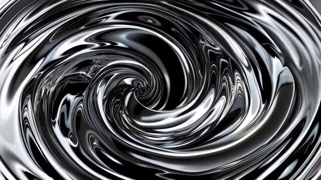 Hypnotic black and white chrome liquid metal spiral vortex, Abstract dynamic swirl motion concept