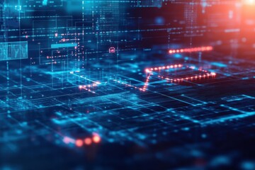 Fototapeta premium Dynamic visualization of blockchain integration in microfinance systems side view highlighting transparency and efficiency futuristic tone Analogous Color Scheme