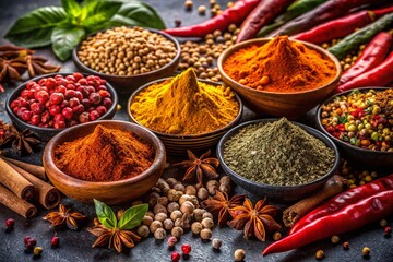 Fototapeta premium Aromatic Spice Collection: Vibrant Spices on Black Background