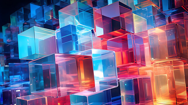 Digital color transparent holographic glass cubes abstract poster background