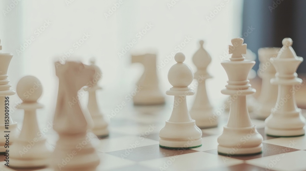 Poster A pristine chess setup with a neatly arranged chessboard and pieces ready for play, A quiet room with a clean table and comfortable chairs, Minimalist intellectual style