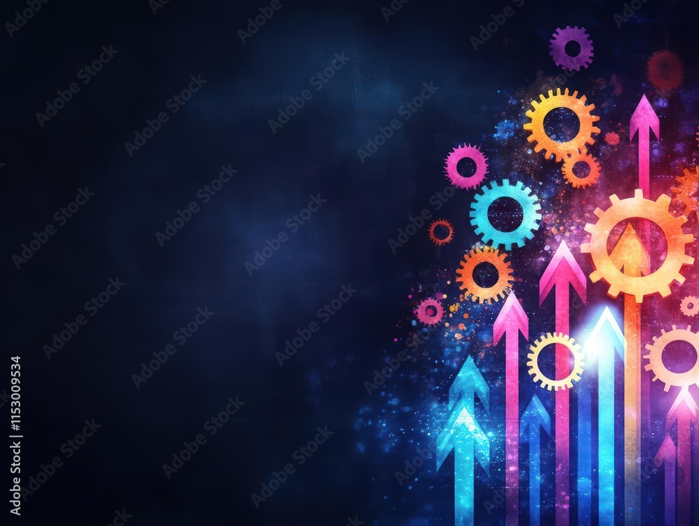 Poster futuristic gears with luminous arrows ascending in a cascade of warm watercolor hues