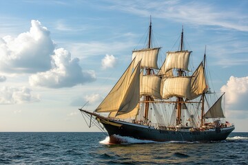 A majestic sailing ship navigating through calm waters.