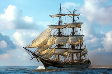 A majestic sailing ship navigating through calm waters.