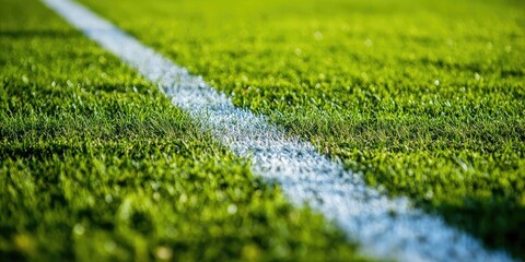 Close up view of a painted line on grass, showcasing the marker sideline commonly found on a soccer field. The soccer field lines are essential for gameplay and organization during matches.