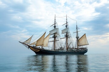 A majestic sailing ship on calm waters under cloudy skies.