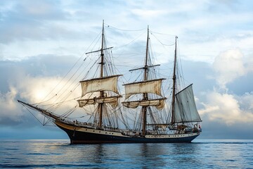 A majestic sailing ship on calm waters under a cloudy sky.