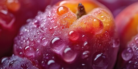 Close up macro photography showcasing the vibrant details of peach and grape fruit, highlighting the textures and colors of peach and grape in stunning detail.