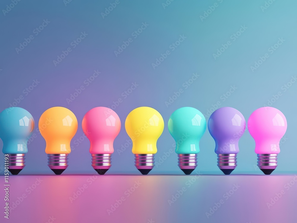 Poster Light bulbs forming a zigzag pattern in a row, glowing in alternating colors, playful and vibrant design