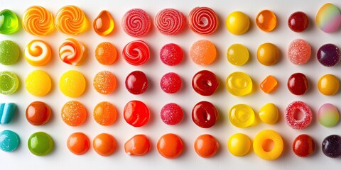 Vibrant colored candy displayed on a white background, showcasing an array of colorful candy varieties perfect for sweet treats and delightful confections. Enjoy the beauty of colored candy 