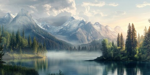 Naklejka premium Nature background featuring majestic mountains, showcasing stunning views of the serene mountain landscape. This nature background captures the beauty of mountainous terrains in a tranquil setting.