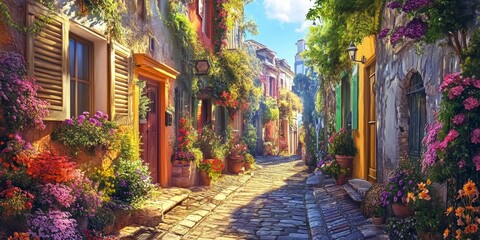 Fototapeta premium A charming alley featuring vibrant hues and picturesque scenery, this charming alley invites exploration and captures the essence of beauty found in charming alleys around the world.