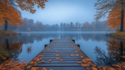 Serene autumn lake with foggy reflections and wooden dock.