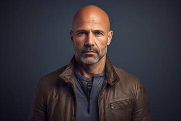 Fototapeta premium A man with a bald head and gray hair is wearing a brown leather jacket