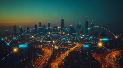 Smart digital city with connection cyber security network reciprocity over the cityscape . future smart wireless digital city and social media networking systems that connects people within the city