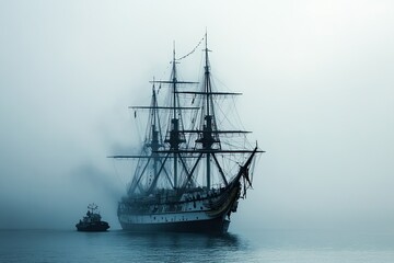 Fototapeta premium A majestic ship emerges from the mist on calm waters.