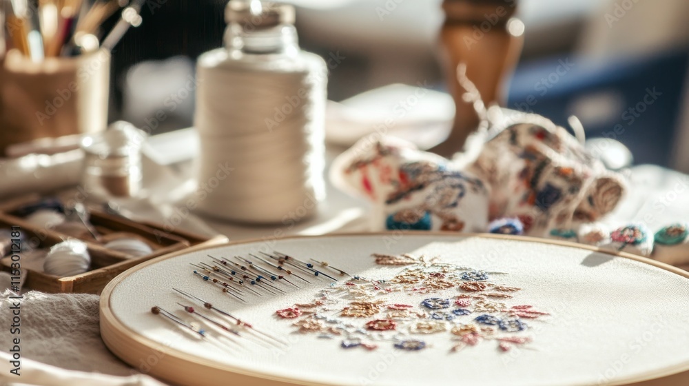 Poster a pristine embroidery workspace with needles and threads neatly arranged on a hoop, a cozy room with