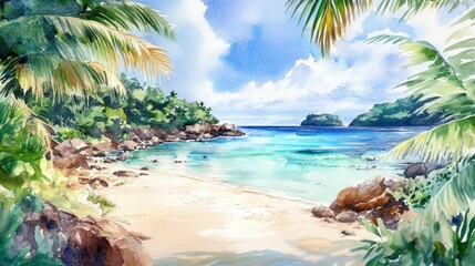 A serene beach scene with turquoise waters, rocks, and palm trees under a bright sky.