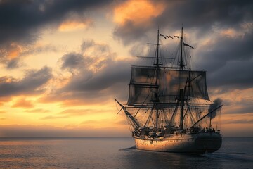 Fototapeta premium A majestic ship sailing at sunset on calm waters.