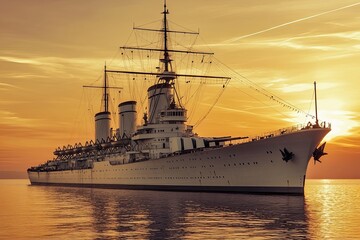 Fototapeta premium A majestic ship sailing at sunset on calm waters.
