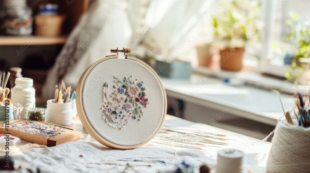 Poster a pristine embroidery workspace with needles and threads neatly arranged on a hoop, a cozy room with
