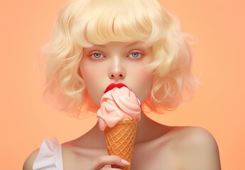 Young Woman with Blonde Curly Hair Enjoying Ice Cream Cone Against a Soft Orange Background in a Fashionable and Playful Setting