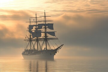 A majestic ship sailing through misty waters at sunrise.