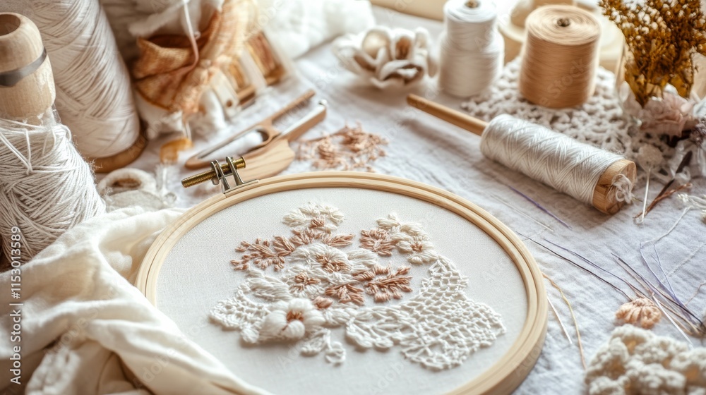 Poster a pristine embroidery workspace with needles and threads neatly arranged on a hoop, a cozy room with