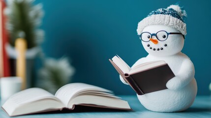 Snowman wearing glasses reading a book at an office library corner, fun and smart concept, cozy workspace, snowy details