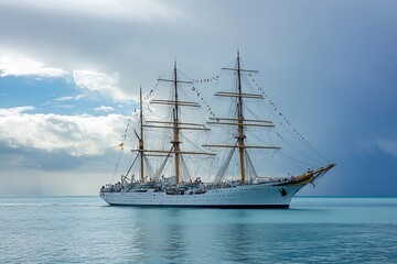 Fototapeta premium A majestic tall ship sailing in calm waters under clouds.