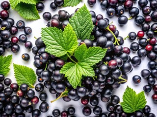 High-resolution aerial shot: jet-black currants contrast sharply against a pristine white backdrop.